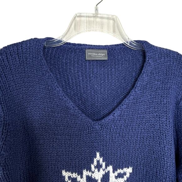 Wooden Ships V-Neck Snowflake Sweater Size S M Blue Mohair Wool Blend - Picture 2 of 5